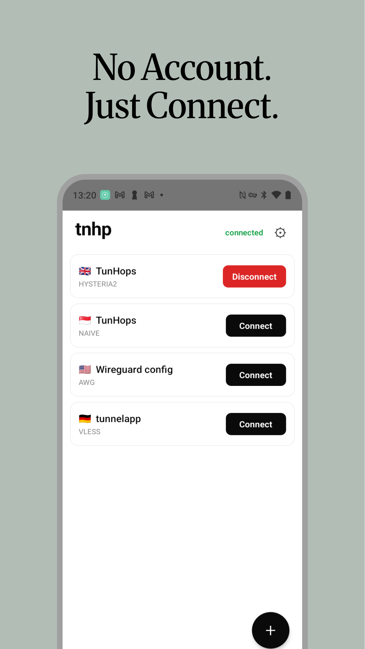 tnhp Android app — VLESS, Hysteria2, AmneziaWG connection list