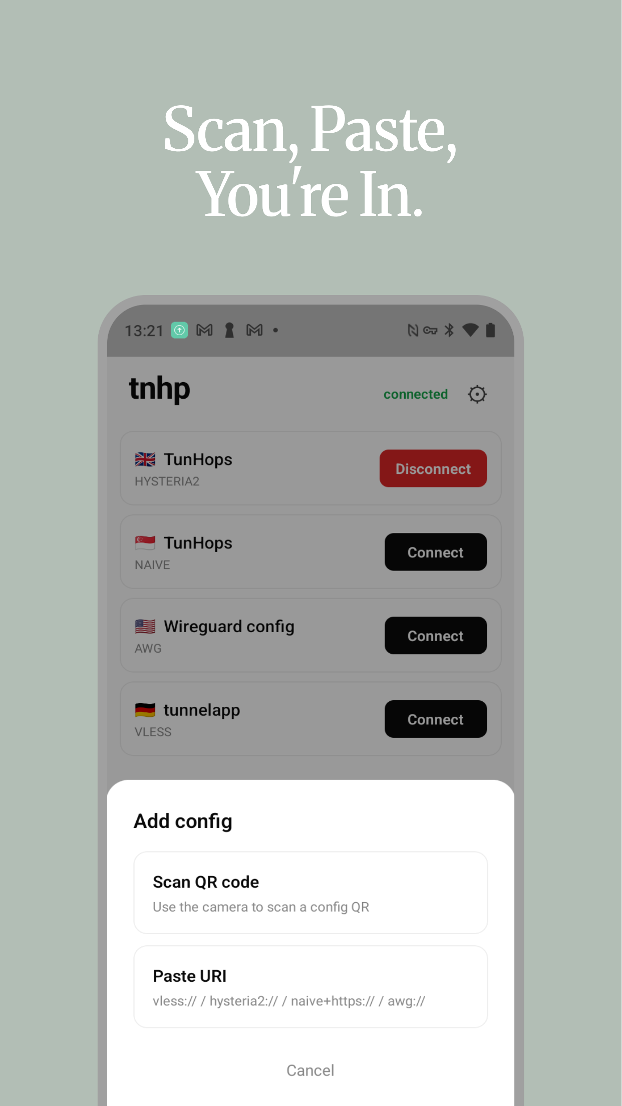 tnhp Android app — paste config URI or scan QR