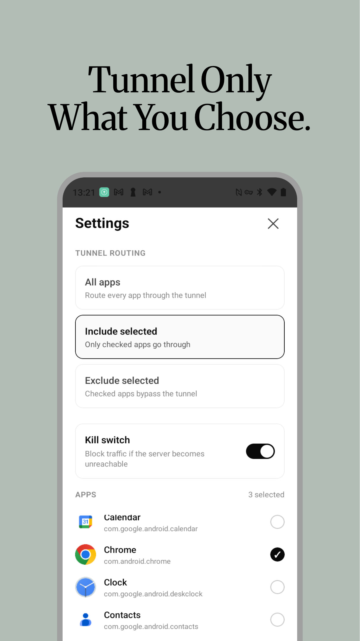 tnhp Android app — tunnel routing & kill-switch settings